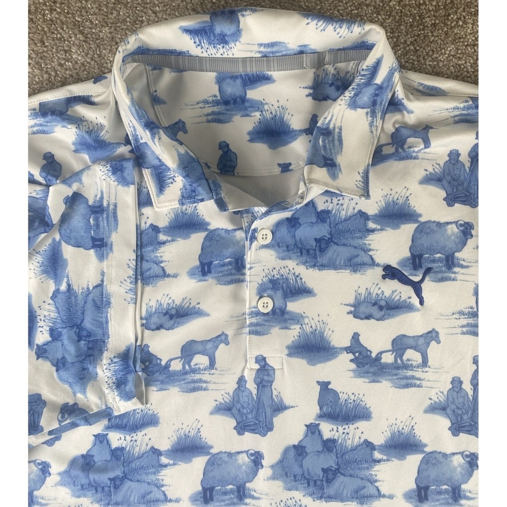 Puma All Over Sheep And Horse Print Polo Performance Shirt Mens XXL White/Blue